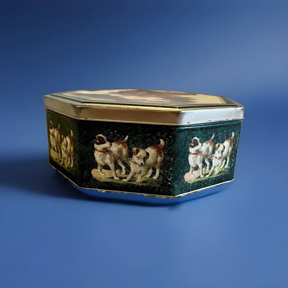 1990’s Era Victorian Print Girl with Dogs Octagon Cookie Tin Gold Interior